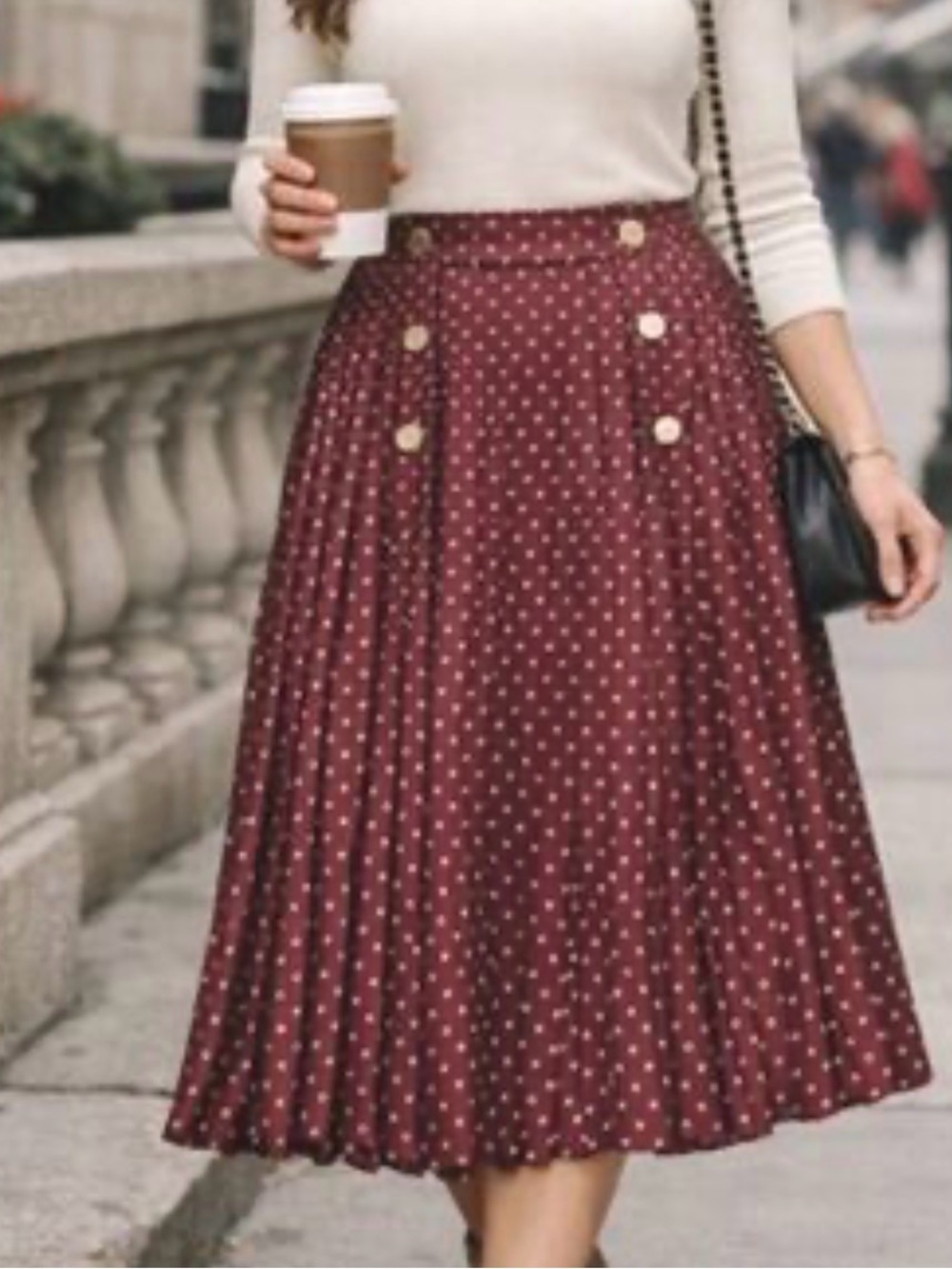 Zara Burgundy Polka Dot Pleated Midi Skirt with Gold Buttons